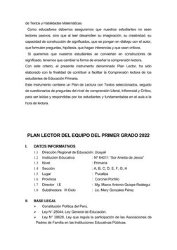 Plan Lector 2023 para Primer Grado | PDF | Educación primaria ...