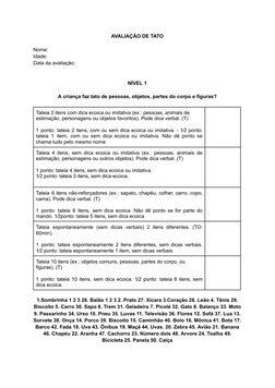 AVALIAÇÃO DE TATO
Nome:
Idade:
Data da avaliação:
NÍVEL 1
A criança faz tato de pessoas, objetos, partes do corpo e figuras?
