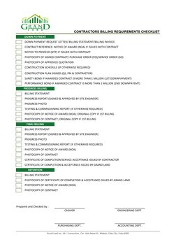 CONTRACTORS BILLING REQUIREMENTS CHECKLIST
DOWN PAYMENT
DOWN PAYMENT REQUEST LETTER/ BILLING STATEMENT/BILLING INVOICE
CONTRA