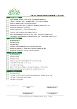 CONTRACTORS BILLING REQUIREMENTS CHECKLIST
DOWN PAYMENT
DOWN PAYMENT REQUEST LETTER/ BILLING STATEMENT/BILLING INVOICE
CONTRA
