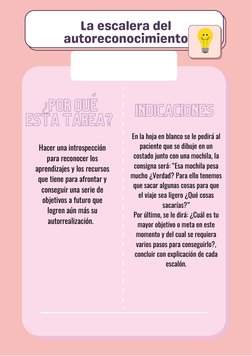 La escalera del
autoreconocimiento
 
¿POR QUÉ
ESTA TAREA?  
INDICACIONES  
Hacer una introspección
para reconocer los
aprendi