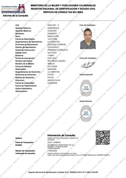 MINISTERIO DE LA MUJER Y POBLACIONES VULNERABLES
REGISTRO NACIONAL DE IDENTIFICACIÓN Y ESTADO CIVIL
SERVICIO DE CONSULTAS EN