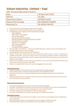 Valson Industries  Limited – Vapi
SOP- Standard Operating Procedure
Date
14-December-2023
SOP No.
VIL-001
Department Name
SEC