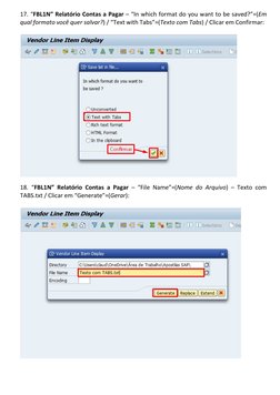 17. “FBL1N” Relatório Contas a Pagar – “In which format do you want to be saved?”=(Em 
qual formato você quer salvar?) / “Tex
