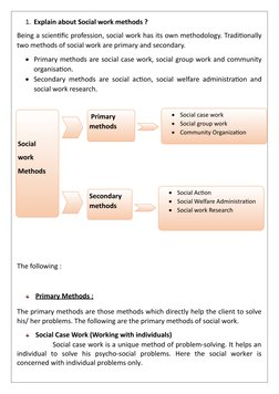 1. Explain about Social work methods ?
Being a scientific profession, social work has its own methodology. Traditionally
two