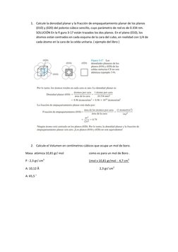 1. Calcule la densidad planar y la fracción de empaquetamiento planar de los planos 
(010) y (020) del polonio cúbico sencill