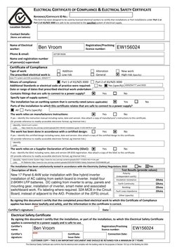 ELECTRICAL CERTIFICATE OF COMPLIANCE & ELECTRICAL SAFETY CERTIFICATE 
REFERENCE/CERTIFICATE ID NO.:  
This form has been desi