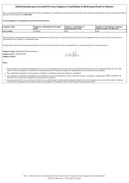 Self-declaration given towards Previous Employer Contribution to Retirement Fund or Schemes
This is to declare that, followin