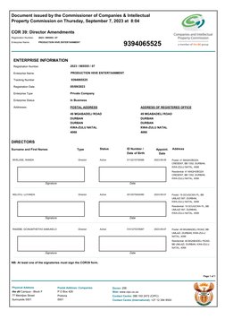 Document issued by the Commissioner of Companies & Intellectual 
Property Commission on Thursday, September 7, 2023 at  8:04