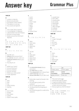 305 
Answer key
Grammar Plus
Unit 1A
a
1	 London is a big city.
2	 We are not very tired.
3	 Our teacher is from Ireland.
4