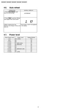 4.6.
Auto reheat
OPERATION
SCROLL DISPLAY
1. Press Auto Reheat
pad
twice for two servings.
2. Press Start
pad.Auto Reheat
cy