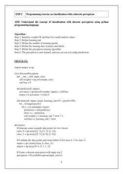 4 
 
 
EXP 2 
Programming exercise on classification with a discrete perceptron 
 
AIM: Understand the concept of classificat