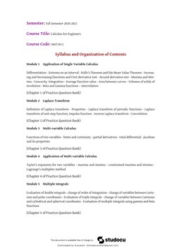 Semester: Fall Semester 2020-2021
Course Title: Calculus For Engineers
Course Code: MAT1011
Syllabus and Organization of Cont