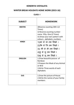 KENDRIYA VIDYALAYA 
WINTER BREAK HOLIDAYS HOME WORK (2015-16) 
CLASS- I 
 
SUBJECT 
 
 
HOMEWORK 
 
MATHS 
i)Reverse counting