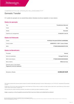 COMPROVATIVO DE OPERAÇÃO MILLENNIUMBCP.PT
Domestic Transfer
O V. pedido de operação com as características abaixo indicadas e