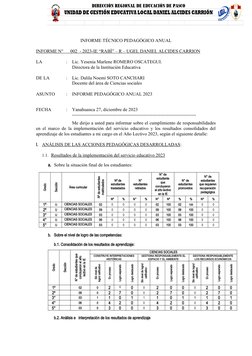 INFORME TÉCNICO PEDAGÓGICO ANUAL 
INFORME N°      002  - 2023-IE “RABÌ” – R – UGEL DANIEL ALCIDES CARRION
LA 
:
Lic. Yeseni