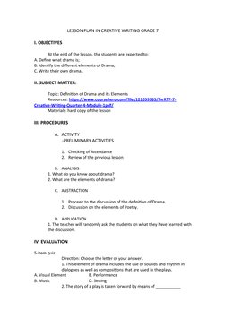Grade 7 Creative Writing: Drama Lesson | PDF