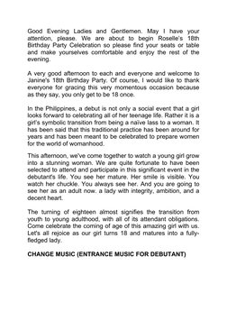 Good  Evening  Ladies  and  Gentlemen.  May  I  have  your
attention,  please.  We  are  about  to  begin  Roselle’s  18th
Bi