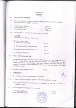 CHAPTER-I
GENERAL
1.1
SPACING OF TRACKS
1.1.1 Minimum distance, centre to centre of tracks without any structure between
tra