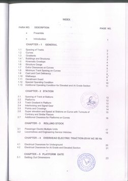 'INDEX
PARA NO.
DESCRIPTION
PAGE NO.
•
Preamble
•
Introduction
1
CHAPTER-1
GENERAL
1.1
Spacing of Tracks
1.2
Curves
1