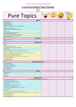 www.mymathscloud.com 
A Level Pure Maths Topic Checklist 
Year 1 
Year 2 
Pure Topics 
 
 
 
 
Algebra 
Expanding brackets