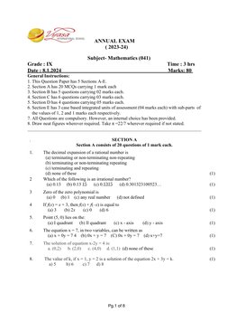 ANNUAL EXAM
( 2023-24)
      
                                             Subject- Mathematics (041) 
Grade : IX