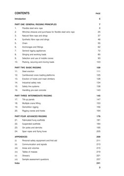 3
CONTENTS 
PAGE
Introduction 
5
PART ONE GENERAL RIGGING PRINCIPLES 
7
1. 
Flexible steel wire rope 
8
2. 
Winches sheaves a
