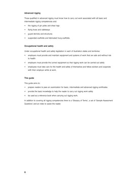 6
Advanced rigging
Those qualified in advanced rigging must know how to carry out work associated with all basic and 
interme