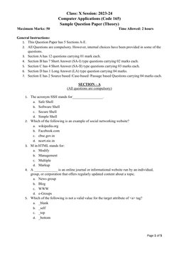 Page 1 of 5  
  
Class: X Session: 2023-24  
Computer Applications (Code 165)  
Sample Question Paper (Theory)  
Maximum Mark