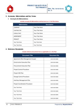 PROJECT QUALITY PLAN 
XYZ PROJECT 
 
 
Doc. No. xx-xx-xx-xx 
Rev. 0 
 
4 
XYZ PROJECT