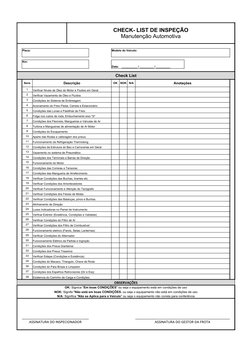 Placa:
Modelo do Veículo:
Km:
Data:    __________ / _________ / _________
Check List
Itens
Descrição
OK
NOK
N/A
Anotações
1
V