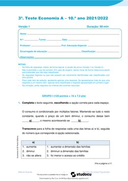 Márcia Soares  
|  
Sandra da Costa Figueiredo 
 
Economia A © Porto Editora 
3º. Teste Economia A – 10.º ano 2021/2022