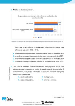 3 
 
Economia A © Porto Editora 
3. Analisa os dados do gráfico 1. 
 
 
Gráfico  1 – Despesas de consumo em produtos alimen