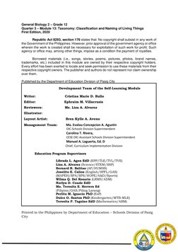 General Biology 2 – Grade 12 
Quarter 3 – Module 13: Taxonomy: Classification and Naming of Living Things 
First Ed