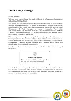 Introductory Message 
 
For the facilitator: 
Welcome to the General Biology 2 of Grade 12 Module 13 on Taxonomy: C
