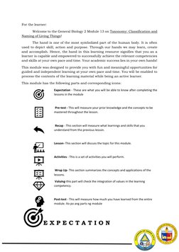 For the learner: 
Welcome to the General Biology 2 Module 13 on Taxonomy: Classification and 
Naming of Living Thin