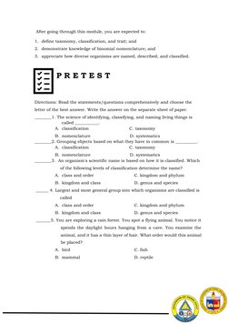 After going through this module, you are expected to: 
1. define taxonomy, classification, and trait; and 
2.