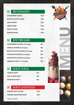 MENU
ICE CREAMS
STRAWBERRY SCOOPS (2 Scoops) 
 
80/-
VANILLA SCOOPS (2 Scoops) 
 
80/-
BUTTER SCOTCH SCOOPS (2 Scoops 
 
80/-