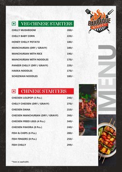 MENU
CHICKEN LOLIPOP (5 Pcs.) 
 
240/-
CHILLY CHICKEN (DRY / GRAVY) 
 
270/-
CHICKEN DANA 
 
 210/-
CHICKEN MANCHURIAN (DRY /