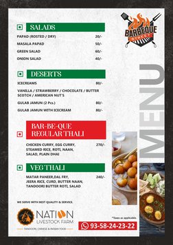 MENU
WE SERVE WITH BEST QUALITY & SERVICE.
CHICKEN CURRY, EGG CURRY,  
 
 270/-
STEAMED RICE, ROTI, NAAN, 
SALAD, PLAIN DHAI
