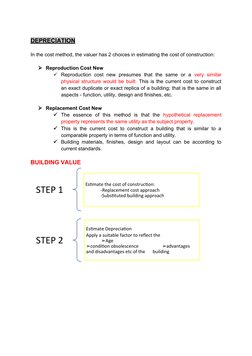 DEPRECIATION
In the cost method, the valuer has 2 choices in estimating the cost of construction:
Reproduction Cost New
Rep