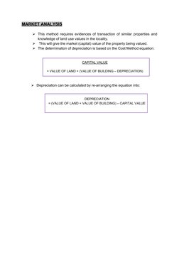 MARKET ANALYSIS
This method requires evidences of transaction of similar properties and
knowledge of land use values in the