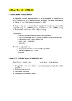 EXAMPLE OF CASES:
Example: Market Analysis Method
A residential property was transacted for a consideration of RM95,000 per
u