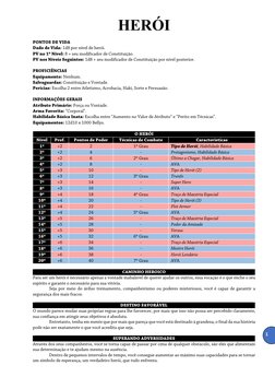 1 
 
HERÓI 
 
PONTOS DE VIDA 
Dado de Vida: 1d8 por nível de herói. 
PV no 1º Nível: 8 + seu modificador de Constituição. 
PV
