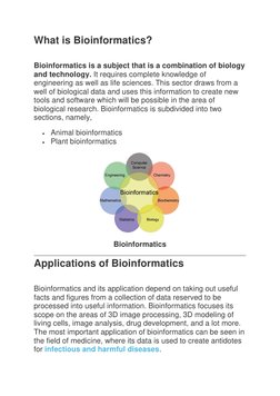 What is Bioinformatics?  
  
Bioinformatics is a subject that is a combination of biology 
and technology. It requires comple