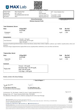 Total Cholesterol, Serum
Date
15/Jan/2023
11:27AM
Unit
Bio Ref
Interval
Cholesterol
Enzymatic
147.8
mg/dl
< 200
Interpretatio