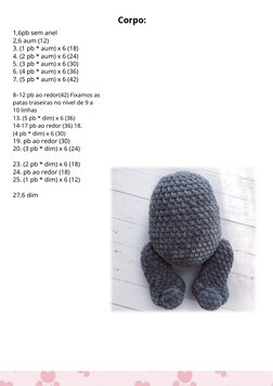 Corpo:
1,6pb sem anel
2,6 aum (12)
3. (1 pb * aum) x 6 (18)
4. (2 pb * aum) x 6 (24)
5. (3 pb * aum) x 6 (30)
6. (4 pb * aum)