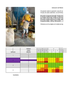 Aplicación del Metodo OWAS
El operario repite la operación unas 20 veces durante el per
El peso de cada costal lleno  es de 5