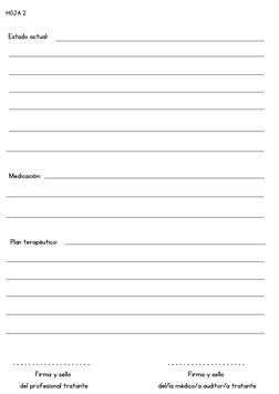 HOJA 2
Estado actual:
Plan terapéutico:
Medicación:
Firma y sello
 del profesional tratante
Firma y sello
 del/la médico/a au