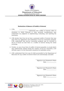 Republic of the Philippines
Department of Education
REGION III-CENTRAL LUZON
SCHOOLS DIVISION OFFICE OF TARLAC PROVINCE
Decla